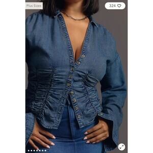 NWT Pilcro Anthropologie Long Sleeve Button Down Ruched Denim Jean Top Shirt